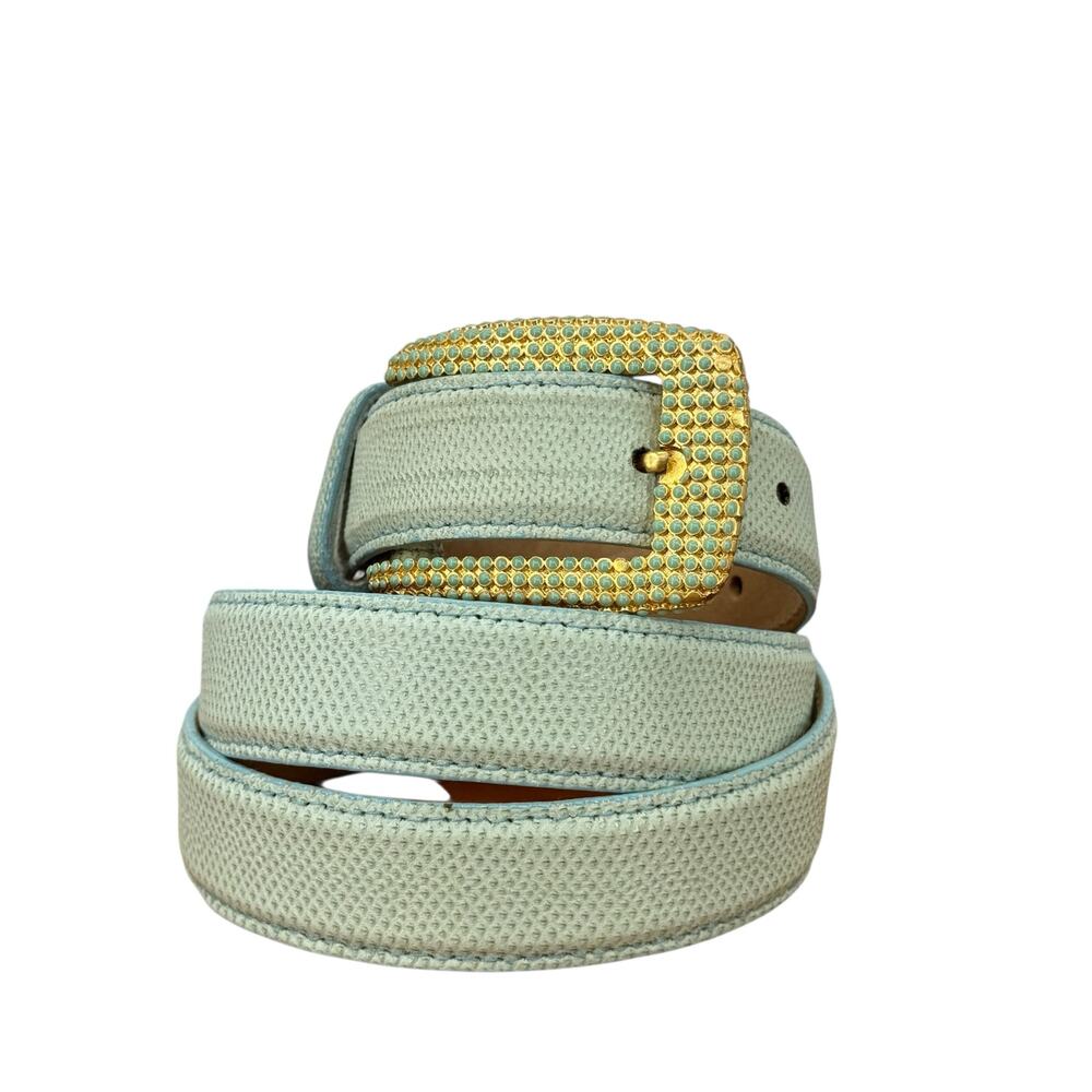 Carlisle Skinny Enamel Dress Belt Womens SZ M Green Gold Buckle Vintage Leather - Picture 10 of 11